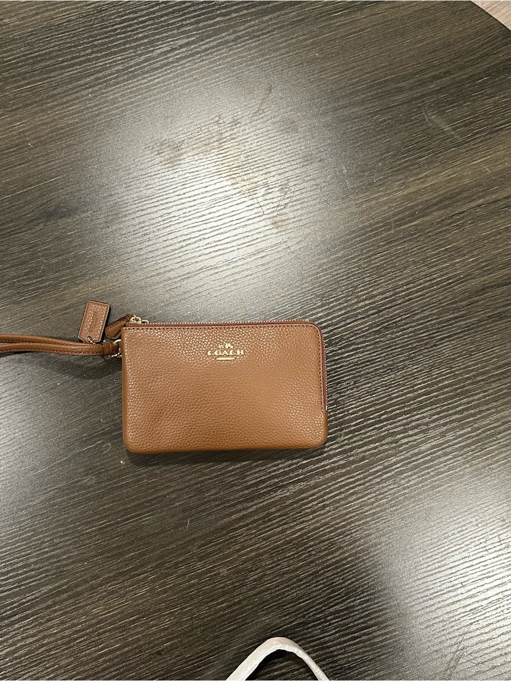 Coach Tan Pebbled Leather Wristlet Card Case with Gold Logo